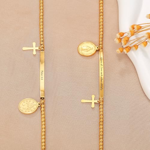 DS Inspirational Bracelet for Women Christian Engraved Bibler Verse Cross Butterfly Daisies Charm Bracelet, Exquisite Stainless Steel Jewelry Daughter Best Friend Bestie - style: Above all, love each other deeply.-Peter 4:8-Gold