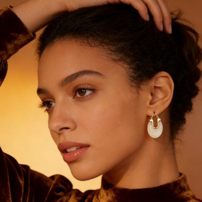 Cream White Chunky Lazy-Chic Hoop Earrings - Gold-Accented Resin Statement Hoops for Women, Trendy Daily & Vacation Jewelry