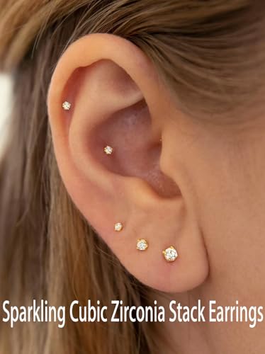 14K Gold Filled Polished Small CZ Pearl Ball Stud Earrings Set for Women Men 20G Surgical Steel Hypoallergenic Piercing Studs for Sensitive Ear, Pack of 6 Pairs - style: 2MM Gold Cubic Zirconia Studs Set