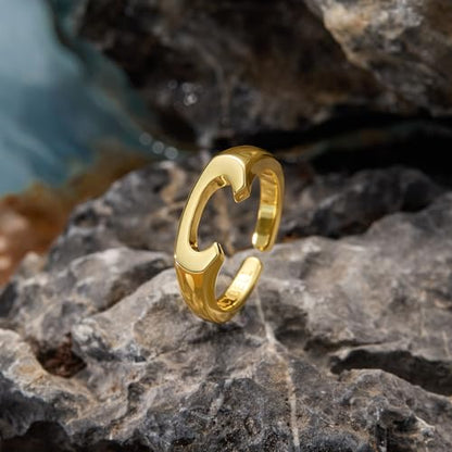 Cicy Bell Initial Rings for Women 18k Gold Plated Adjustable Rings | Open Signet Rings, Bold Letter, Personalized Engraved, For Party - color: Initial-C