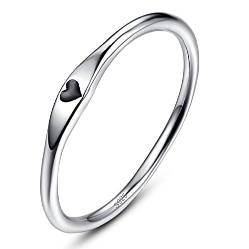 AVECON S925 Sterling Silver Thin Carve Heart Ring for Women Men, Love Style | Hypoallergenic Promise Wedding Band for Her, Stackable Jewelry Gifts for Anniversary Valentine's Day, Accurate Size 5-10 - color: A-Silver-Black
