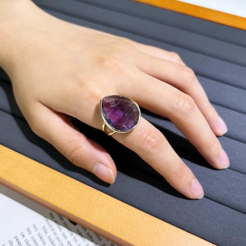 Crystal Ring for Women, Natural Rose Quartz Green Fluorite Ring for Her, Teardrop Shape Gemstone Ring, Handmade rose quartz Jewelry Adjustable Ring. - color: Amethyst