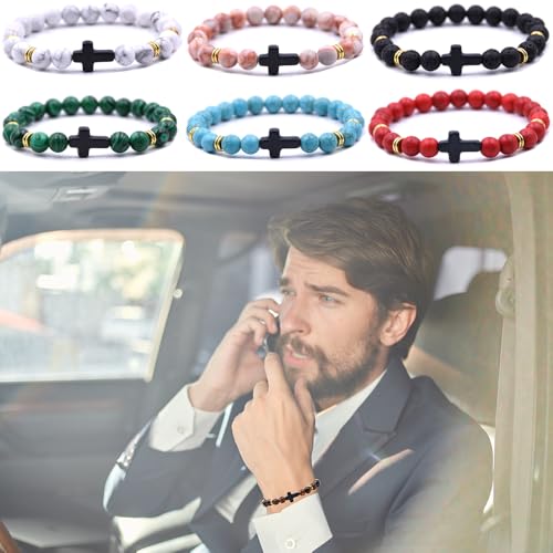 Beaded Bracelets Cross Bracelet for Women Men Lava Rock Turquoise Tiger Eye Natural Bracelet Anxiety Healing - color: 10 Pcs- black cross 1