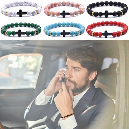 Beaded Bracelets Cross Bracelet for Women Men Lava Rock Turquoise Tiger Eye Natural Bracelet Anxiety Healing - color: 10 Pcs- black cross 1