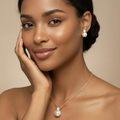 Gold Jewelry Sets for Women, Gold Pearl Dangle Earrings Bracelets Necklaces Set, Women's Jewelry Gifts for Women Wife - style: Gold Pearl Rhinestone Necklace Set-2PCS