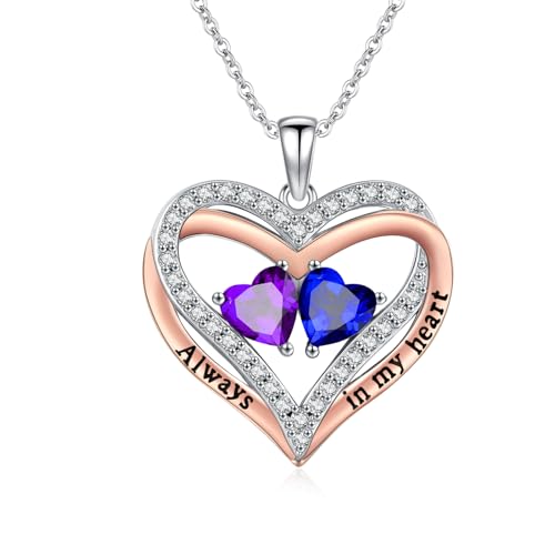 Heart Birthstone Necklace for Women 14K Rose Gold/White Gold Filled Overlapping Double Hearts Pendant Anniversary Valentine's Day Birthday Mother's Day Christmas Gifts for Wife Mom Daughter Her - color: 02-09-Feb-Sep Birthstone-A, style: Double-Layered Lo