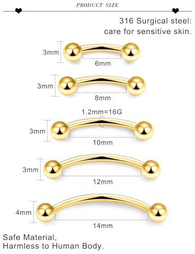 20G 16G 14G 12G Eyebrow Ring Piercing Jewelry Surgical Steel Vertical Labret Lip Ring Rook Daith Earrings Navel Small Tiny Belly Button Ring Piercing Jewelry for Women Men Silver Black Gold - color: Gold, size: 16G