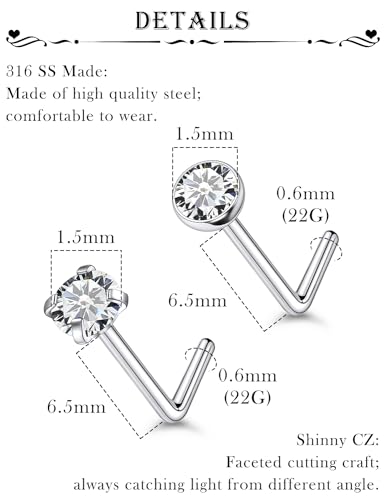 18G 20G 22G Stainless Surgical Steel Titanium Nose Rings Studs for Women L Shaped Nose Studs Screw Nose Rings Nostrial Piercing Jewelry for Women Men Silver Gold Black - style: 22G/1.5mm CZ/L-shaped/Silver
