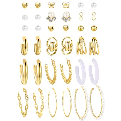 12 Pairs Gold Hoop Earrings Set for Women，Fashion Jewelry Gifts 40mm/50mm | Large/Big, Trendy, Pearl, Multiple Styles, lightweight, 14K Gold-plated, Hypoallergenic, Great for Party/Gathering/Work/Daily - color: Aged Gold