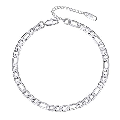 PROSTEEL Ankle Bracelets for Women, Silver/Gold/Black, Waterproof Anklets | Waterproof, Stainless Steel, Summer Beach Jewelry, Durable & No Tarnish, Come with Gift Box, 8-10.5" Adjustable, Plus Size - color: D: silver-figaro chain-6mm