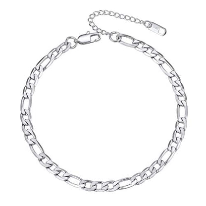 PROSTEEL Ankle Bracelets for Women, Silver/Gold/Black, Waterproof Anklets | Waterproof, Stainless Steel, Summer Beach Jewelry, Durable & No Tarnish, Come with Gift Box, 8-10.5" Adjustable, Plus Size - color: D: silver-figaro chain-6mm