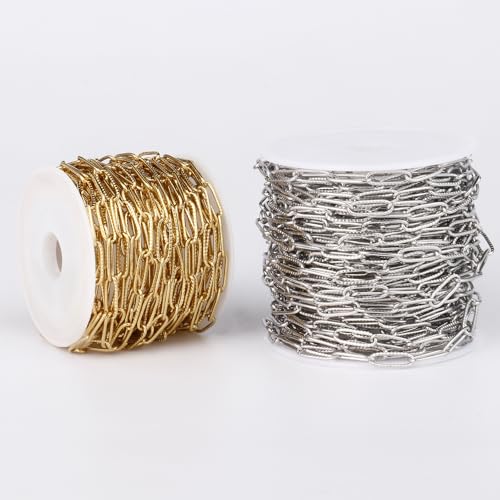 33FT Stainless Steel Paperclip Chain 4.3mm Silver Chain for Jewelry Making | Textured Cable Link Chains Roll Bulk for Necklace Bracelet Crafts - color: stainless steel color