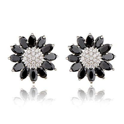 Crystal Flower Burst Stud Earirings - Big Sterling Silver CZ Cubic Zirconia Rhinestone Daisy Sunflower Floral Cluster Studs Bridal Wedding Party Prom Costume Jewelry for Bride Bridesmaids Women Birthstone Birthday Gift - color: Black