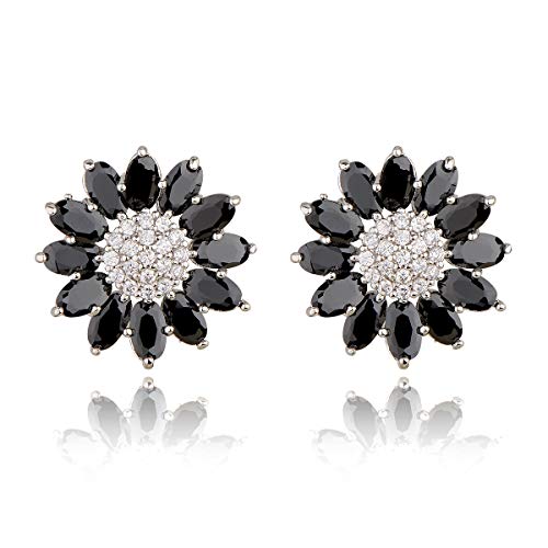 Crystal Flower Burst Stud Earirings - Big Sterling Silver CZ Cubic Zirconia Rhinestone Daisy Sunflower Floral Cluster Studs Bridal Wedding Party Prom Costume Jewelry for Bride Bridesmaids Women Birthstone Birthday Gift - color: Black