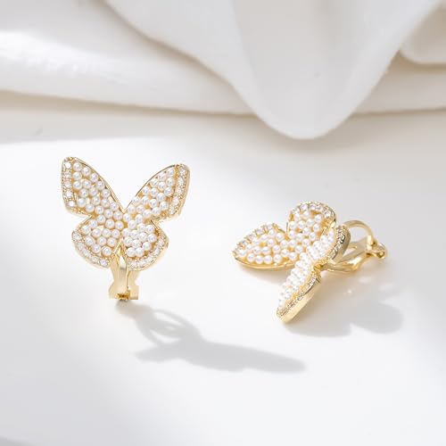 YOQUCOL Simulated Pearl Flower-Cluster Shape Clip On Stud Earrings Non Pierced Ear Earrings for Women - color: Butterfly