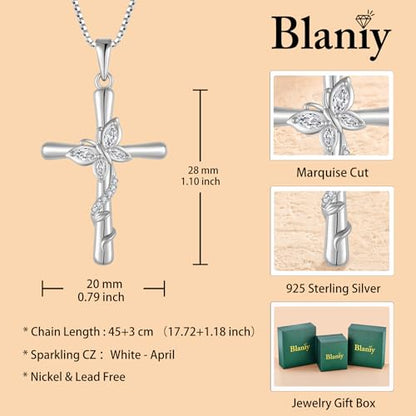 Cross Necklace for Women 925 Sterling Silver Butterfly Necklace Birthstone Pendant Created Gemstone Jewelry Gifts for Women - color: 04 April - Cubic Zirconia