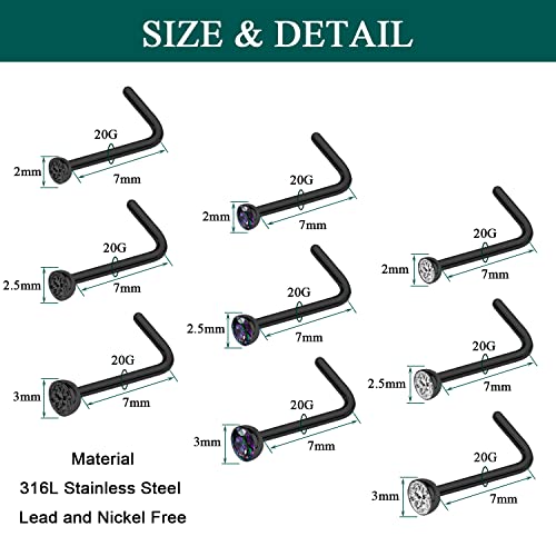 20G Nose Rings Studs Black 316L Surgical Steel 2mm 2.5mm 3mm Round CZ Nose Ring for Women Men L Shaped Nose Bone Nose Screw Ring Set Nostril Piercing Jewelry - color: 9Pcs-L Shaped Nose Stud-Black