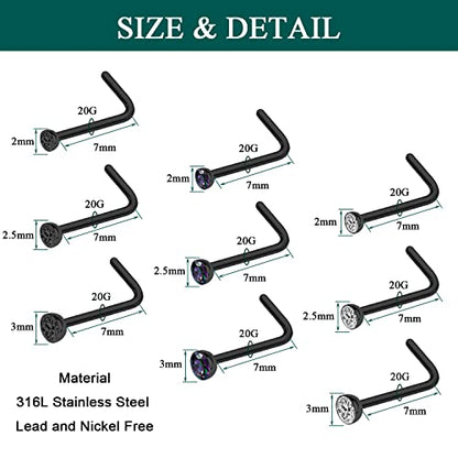 20G Nose Rings Studs Black 316L Surgical Steel 2mm 2.5mm 3mm Round CZ Nose Ring for Women Men L Shaped Nose Bone Nose Screw Ring Set Nostril Piercing Jewelry - color: 9Pcs-L Shaped Nose Stud-Black