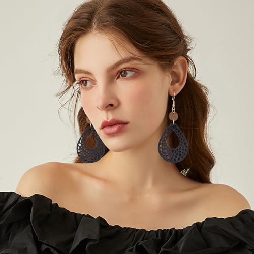 NONQL Handmade Lightweight Bohemian Retro Hollow Wooden Round Earrings Boho Big Teardrop Oval Circle Dangle Earrings for Women Statement Geometric Jewelry