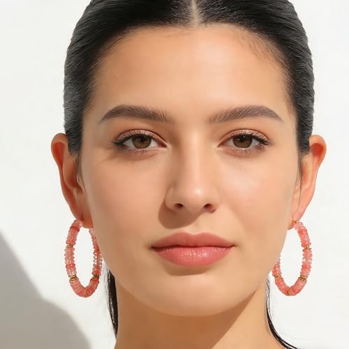 Wellike Beaded Hoop Earrings for Women Natural Stone Pink Gold Huggie Earrings Hypoallergenic Dainty Waterproof Trendy Jewelry - color: Rose Pink, size: 50mm