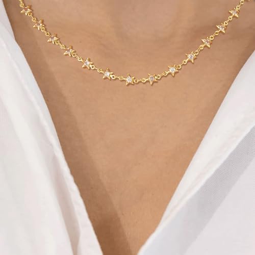 MTMY Beaded Necklaces for Women 14K Gold Plated Dainty Colorful Green/Rose Beaded Pearl Choker Necklace Delicate Boho Choker Necklace Jewelry Gift - style: Star chain