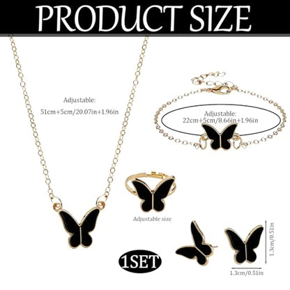 Butterfly Jewelry Set, Including Butterfly Necklace, Bracelet, Stud Earrings, and Adjustable Ring for Women - color: Black