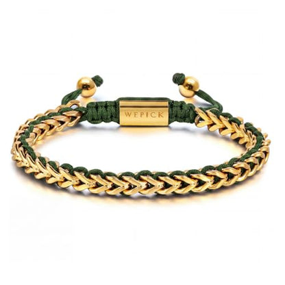 18K Gold-Plated Bracelets for Men Franco Link Chain Adjustable | Stainless Steel Bracelet, Gold Beads Bracelet, Handcrafted Braided, Mens Jewelry Birthday Gift for Men - color: Gold with Green