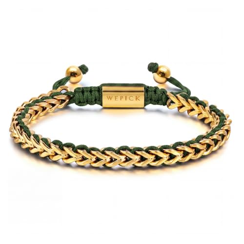 18K Gold-Plated Bracelets for Men Franco Link Chain Adjustable | Stainless Steel Bracelet, Gold Beads Bracelet, Handcrafted Braided, Mens Jewelry Birthday Gift for Men - color: Gold with Green