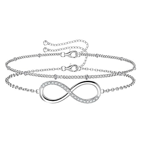 MILACOLATO 925 Sterling Silver Clasp Paperclip Chain Bracelets for Women | 14K White Gold Plated Adjustable Bracelets, Dainty Stackable Layered Satellite Beads Evil Eye Infinity Bracelets Jewelry Gift - color: Infinity Chain + Satellite Chain