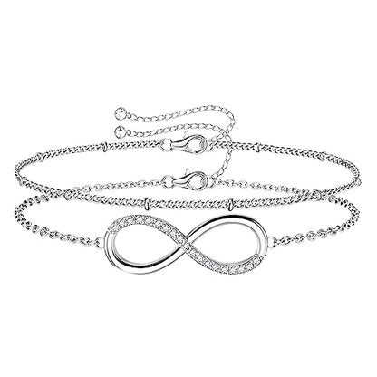 MILACOLATO 925 Sterling Silver Clasp Paperclip Chain Bracelets for Women | 14K White Gold Plated Adjustable Bracelets, Dainty Stackable Layered Satellite Beads Evil Eye Infinity Bracelets Jewelry Gift - color: Infinity Chain + Satellite Chain
