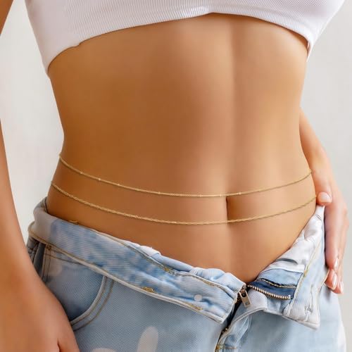14K Gold Plated Waist Chain for Women, Layered Belly Body Chain | 2Pcs Adjustable Fit, Layered Design, Dainty Chain Styles, Bikini, Dress & Rave Outfits, Beach, Festival & Vacation - color: Gold-Plated 2