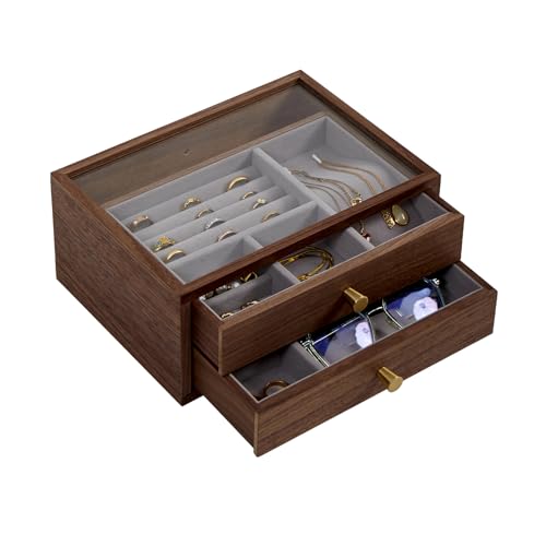 Black Walnut Jewelry Organizer, 2 Layer | Wooden Jewelry Box, For Women, For Necklaces Ring Earring - size: 2 Layer