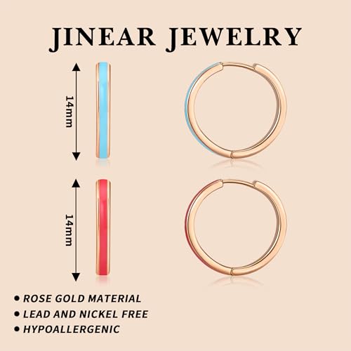 JINEAR 2 Pairs Gold Hoop Earrings for Women Dainty Huggie Earrings Set | 14K Gold Plated Cubic Zirconia Hypoallergenic Lightweight Waterproof Cartilage Hoop Earrings Trendy Jewelry Gift - color: enamel earrings-blue red