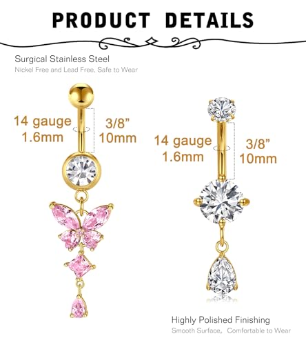 MODRSA Gold Belly Button Ring Dangle Belly Rings Silver Pink Dangling Dangly Belly Button Piercing Hypoallergenic Surgical Steel Opal Butterfly Navel Rings for Women Cute Dainty Navel Jewelry - color: A1- dangle 2pcs - gold pink