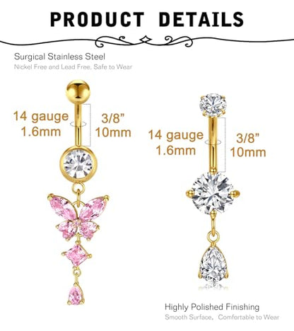 MODRSA Gold Belly Button Ring Dangle Belly Rings Silver Pink Dangling Dangly Belly Button Piercing Hypoallergenic Surgical Steel Opal Butterfly Navel Rings for Women Cute Dainty Navel Jewelry - color: A1- dangle 2pcs - gold pink
