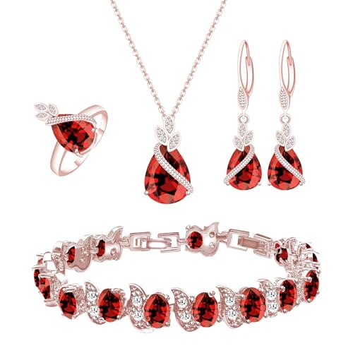 GZWHD Jewelry Set for Women CZ Earrings Necklace Ring Bracelet Set Prom Party Wedding Jewelry Gift for Mother Friend Wife - color: A-Rose Gold-Garnet