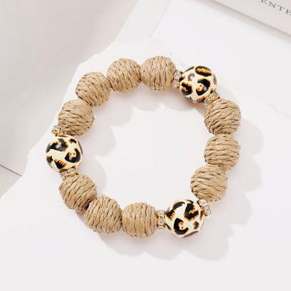 Coiris Rattan Raffia Woven Adjustable Boho Bracelet for Women | Handmade Bracelets Stretch Bracelet - color: Leopard Print