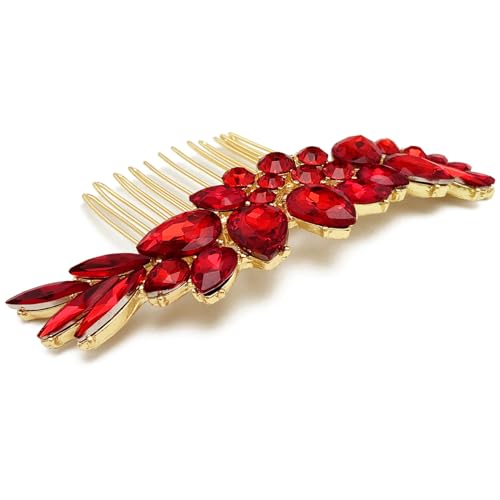 Bridal Crystal Hair Accessories Small Wedding Gold Hair Piece with Comb for Women Girls (Red) - color: Red