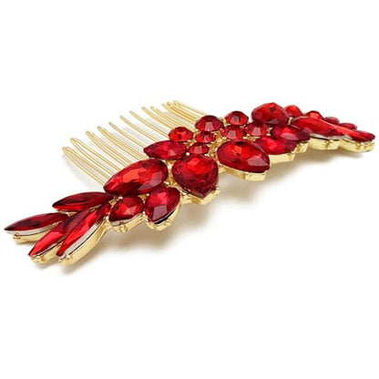 Bridal Crystal Hair Accessories Small Wedding Gold Hair Piece with Comb for Women Girls (Red) - color: Red
