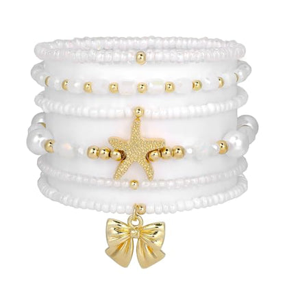 LALAPPLE Shell Bracelet Boho Beaded Stretch Bracelets for Women Seashell Strand Bracelets Starfish Charm Jewelry Summer Beach Jewelry Stackable Crystal Gold Plated Beads Bracelet for Women - style: T-Style9 meteor