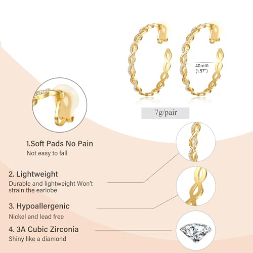 Clip On Hoop Earrings for Women Lightweight - Silver Twisted Clip-on Hoop Earings With Cubic Zirconia Fake Non Pierced Ears Jewelry - style: CZ-G40mm