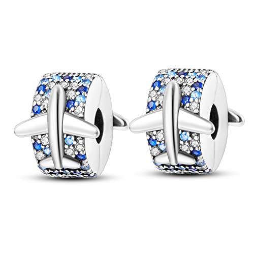 Parmuz Clip Spacer Charm for Bracelet 925 Sterling Silver Stopper Beads | Pave Lock Stopper Charm for Necklace Pink Daisy Butterfly Cubic Zirconia Openable Beads Jewelry Gift for Woman - color: 2pcs flight clip charm