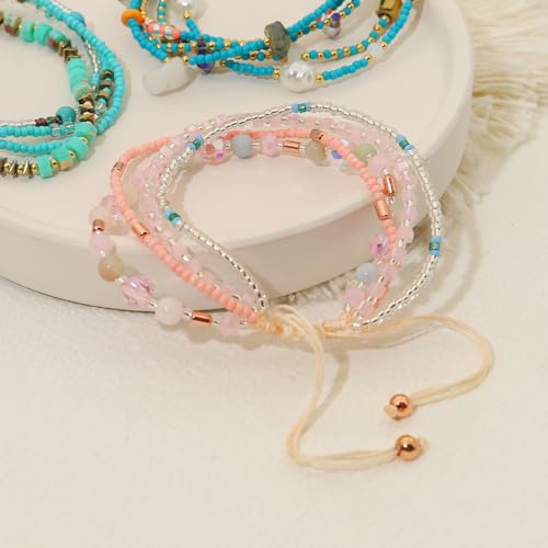 Boho Braided Beaded Ankle Bracelets Handmade Adjustable Beach Wrap Bracelet Draw String Anklets Bracelets Gifts for Women - color: Pink