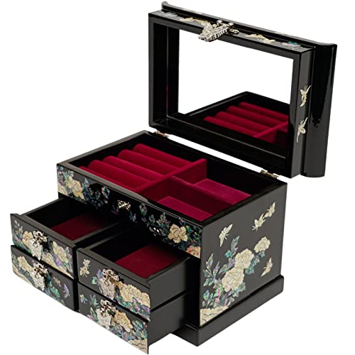February Mountain Mother of Pearl Jewelry Box with Traditional Mother of Pearl Inlay - Elegant Floral and Butterfly Design for Her - style: Black