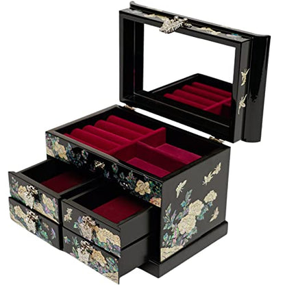 February Mountain Mother of Pearl Jewelry Box with Traditional Mother of Pearl Inlay - Elegant Floral and Butterfly Design for Her - style: Black