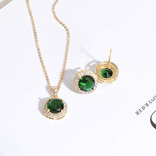 Bridal Crystal Jewelry Set - Sterling Silver Round Cubic Zirconia CZ Rhinestone Halo Birthstone Pendant Necklace Stud Earrings Set for Wedding Bride Bridesmaids Birthday Gift - color: Emerald Green
