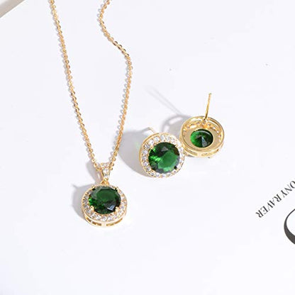Bridal Crystal Jewelry Set - Sterling Silver Round Cubic Zirconia CZ Rhinestone Halo Birthstone Pendant Necklace Stud Earrings Set for Wedding Bride Bridesmaids Birthday Gift - color: Emerald Green