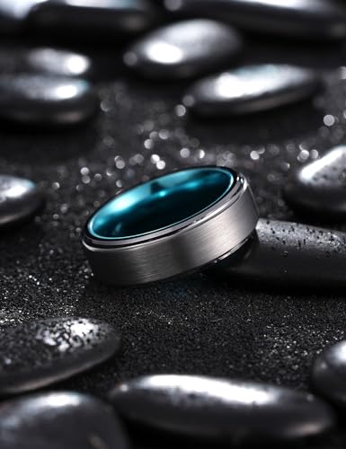 King Will Mens Brushed Wedding Band, Two Tone Matte Step Edges/Pipe Cut, Tungsten Carbide Anniversary Promise Rings Comfort Fit - color: Silver&Ice Blue-8mm