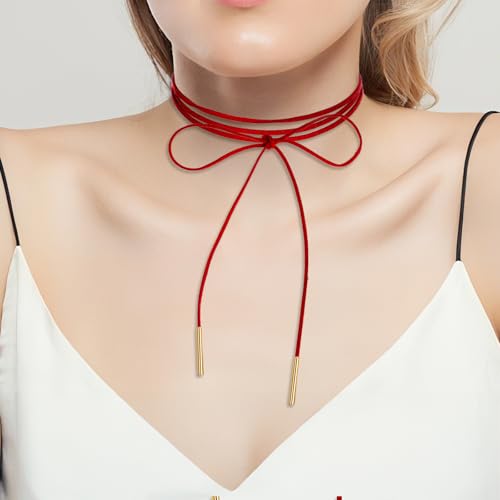 Gothic Velvet Red Choker Bow-knot Sexy Long Wrap Choker Necklace with Gold Tube Pendant for Women Party Prom Neck Accessories