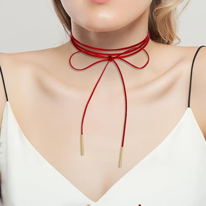 Gothic Velvet Red Choker Bow-knot Sexy Long Wrap Choker Necklace with Gold Tube Pendant for Women Party Prom Neck Accessories